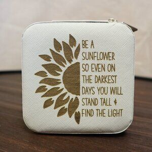 Travel Jewelry Box W/ Mirror & Quote Design - Cream Faux Leather With Sunflower